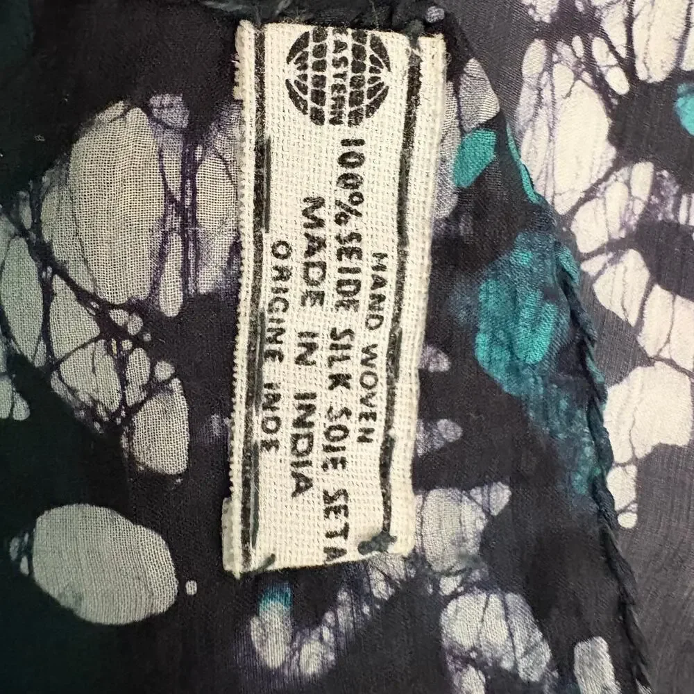 100% Silk Abstract Shibori Tie Dye Scarf Teal Blue Boho Eclectic Native Square